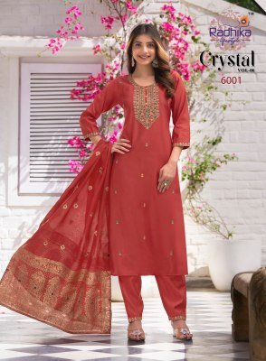 Radhika Lifestyle Crystal Vol 6 Festive Kurti Pant Set Roman Silk And Jacquard Dupatta Embroidery Work Wholesale kurtis catalogs