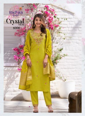 Radhika Lifestyle Crystal Vol 6 Festive Kurti Pant Set Roman Silk And Jacquard Dupatta Embroidery Work Wholesale kurtis catalogs
