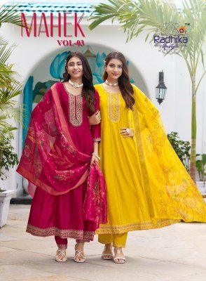 Radhika Lifestyle Mahek Vol 3 Designer Kurti Pant with Dupatta Vichitra Silk Embroidery Suit with Organza Jacquard Dupatta Wholesale kurti pant with dupatta Catalogs