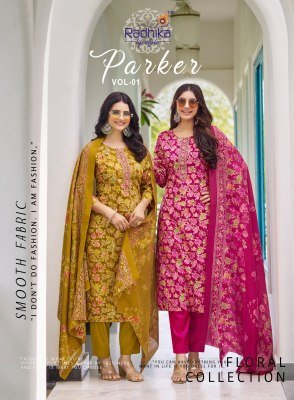 Radhika Lifestyle Parker Vol 1 Jam Satin Discharge Print with embroidery work for the top  Jam Satin bottom  and Modal Discharge Print dupatta Wholesa Radhika Lifestyle