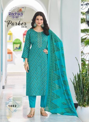 Radhika Lifestyle Parker Vol 1 Jam Satin Discharge Print with embroidery work for the top  Jam Satin bottom  and Modal Discharge Print dupatta Wholesa kurtis catalogs