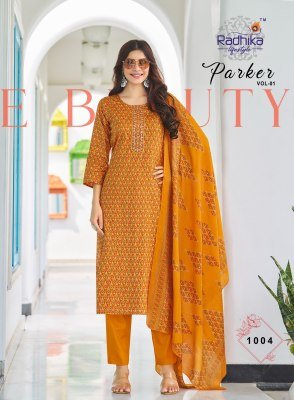 Radhika Lifestyle Parker Vol 1 Jam Satin Discharge Print with embroidery work for the top  Jam Satin bottom  and Modal Discharge Print dupatta Wholesa kurtis catalogs