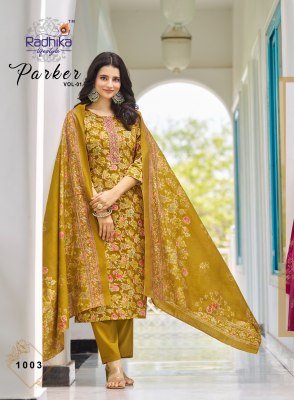 Radhika Lifestyle Parker Vol 1 Jam Satin Discharge Print with embroidery work for the top  Jam Satin bottom  and Modal Discharge Print dupatta Wholesa kurtis catalogs