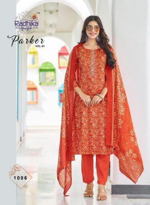 Radhika Lifestyle Parker Vol 1 Jam Satin Discharge Print with embroidery work for the top  Jam Satin bottom  and Modal Discharge Print dupatta Wholesa kurtis catalogs