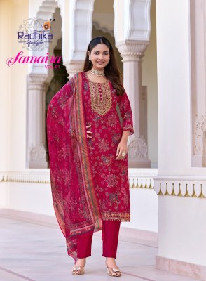 Radhika Lifestyle Samaira Vol 1 Kurti Pant And Dupatta Foil Print With Embroidery Work  Organza Print Dupatta Wholesale kurtis catalogs