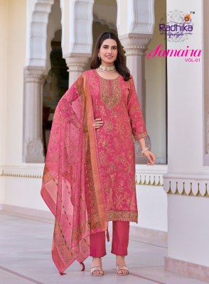 Radhika Lifestyle Samaira Vol 1 Kurti Pant And Dupatta Foil Print With Embroidery Work  Organza Print Dupatta Wholesale kurtis catalogs