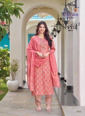 Radhika Lifestyle Seerat Vol 11 Reyon Capsule Foil Print Top  Pant And Dupatta Set with Embroidery Work Wholesale kurtis catalogs