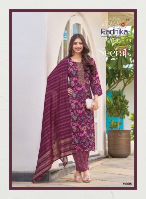 Radhika Lifestyle Seerat Vol 11 Reyon Capsule Foil Print Top  Pant And Dupatta Set with Embroidery Work Wholesale kurtis catalogs