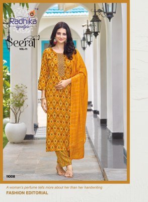 Radhika Lifestyle Seerat Vol 11 Reyon Capsule Foil Print Top  Pant And Dupatta Set with Embroidery Work Wholesale kurtis catalogs