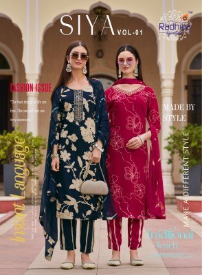 Radhika Lifestyle Siya Vol 1 Heavy Discharge Rayon Foil Print Kurti Set with Embroidery Pant And Chiffon Dupatta Whoolesale kurtis catalogs