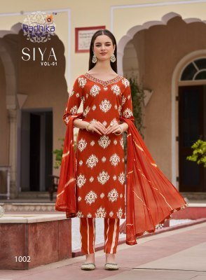 Radhika Lifestyle Siya Vol 1 Heavy Discharge Rayon Foil Print Kurti Set with Embroidery Pant And Chiffon Dupatta Whoolesale kurtis catalogs