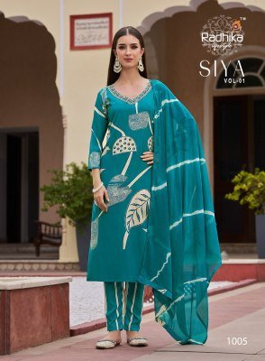 Radhika Lifestyle Siya Vol 1 Heavy Discharge Rayon Foil Print Kurti Set with Embroidery Pant And Chiffon Dupatta Whoolesale kurtis catalogs