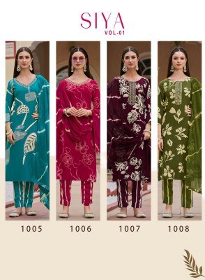 Radhika Lifestyle Siya Vol 1 Heavy Discharge Rayon Foil Print Kurti Set with Embroidery Pant And Chiffon Dupatta Whoolesale kurtis catalogs