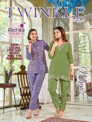 Radhika Lifestyle Twinkle Vol 1 Cord Set Roman Schimmer Fabric with Elegant Work Top And Pant Combo Wholesale co ord set catalogs