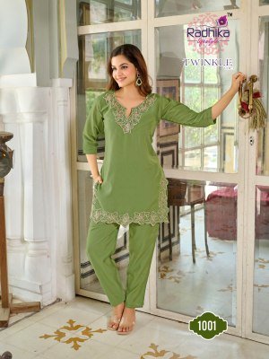Radhika Lifestyle Twinkle Vol 1 Cord Set Roman Schimmer Fabric with Elegant Work Top And Pant Combo Wholesale co ord set catalogs