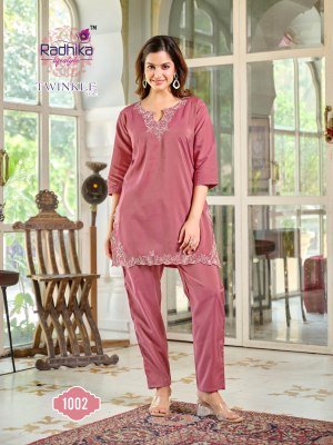 Radhika Lifestyle Twinkle Vol 1 Cord Set Roman Schimmer Fabric with Elegant Work Top And Pant Combo Wholesale co ord set catalogs