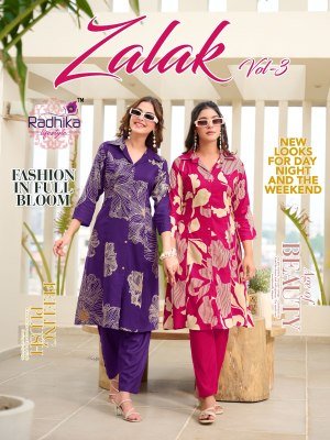 Radhika Lifestyle Zalak Vol 3 Luxe Rayon Discharge Foil Print Co ord Set  A Line Kurti with Pocket And Pant  Wholesale Radhika Lifestyle