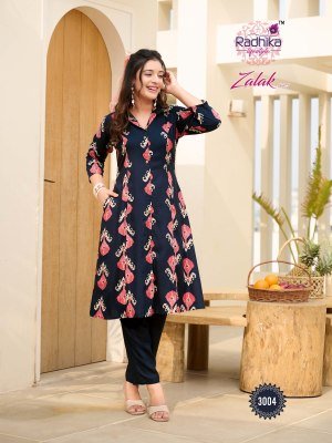 Radhika Lifestyle Zalak Vol 3 Luxe Rayon Discharge Foil Print Co ord Set  A Line Kurti with Pocket And Pant  Wholesale co ord set catalogs