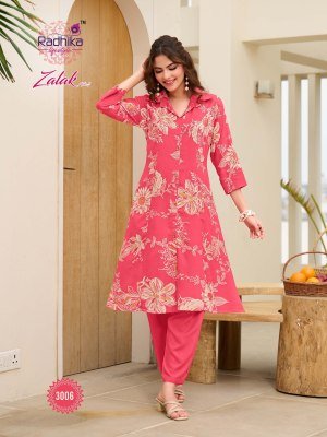 Radhika Lifestyle Zalak Vol 3 Luxe Rayon Discharge Foil Print Co ord Set  A Line Kurti with Pocket And Pant  Wholesale co ord set catalogs