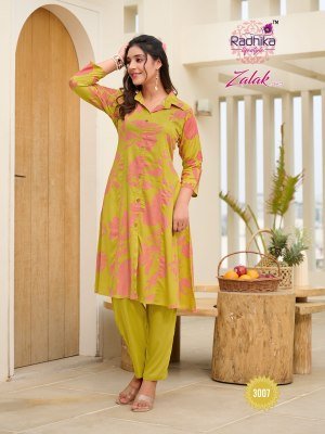 Radhika Lifestyle Zalak Vol 3 Luxe Rayon Discharge Foil Print Co ord Set  A Line Kurti with Pocket And Pant  Wholesale co ord set catalogs