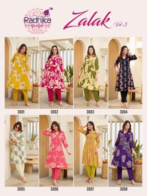 Radhika Lifestyle Zalak Vol 3 Luxe Rayon Discharge Foil Print Co ord Set  A Line Kurti with Pocket And Pant  Wholesale co ord set catalogs