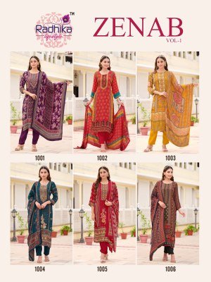 Radhika Lifestyle Zenab Vol 1 Pure Crepe Kurti Pant with Dupatta Handwork Designer Suit Wholesale kurtis catalogs