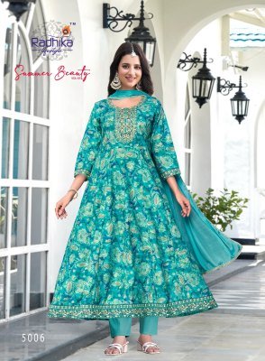 Radhika Summer Beauty Vol 5 Inspired Heavy Cotton Foil Print Embroidered Anarkali Gown Pant with Chinon Dupatta And  Lace Detailing Wholesale  kurtis catalogs