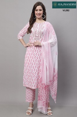 Rajnandini by Jainam pure cotton jaipuri work kurti pant and dupatta catalogue at low rate Amavi