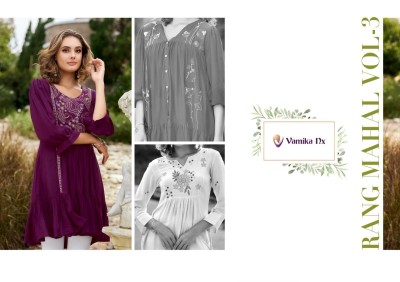 Rang mahal vol 3 by vamika Heavy reyon designer embroidered tunic catalogue at affordable rate western wear catalogs