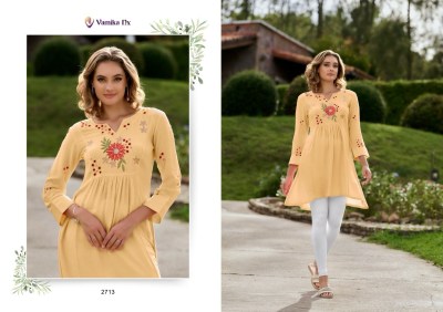Rang mahal vol 3 by vamika Heavy reyon designer embroidered tunic catalogue at affordable rate western wear catalogs