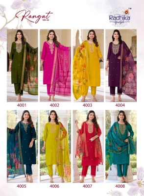 Rangat vol 4 by Radhika Lifestyle Organza embroidered top bottom and dupatta catalogue kurti pant with dupatta Catalogs
