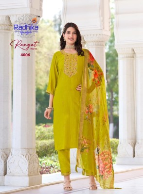 Rangat vol 4 by Radhika Lifestyle Organza embroidered top bottom and dupatta catalogue kurti pant with dupatta Catalogs