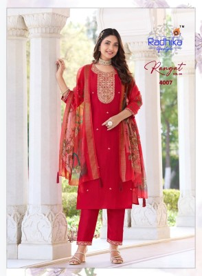 Rangat vol 4 by Radhika Lifestyle Organza embroidered top bottom and dupatta catalogue kurti pant with dupatta Catalogs