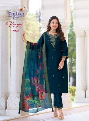 Rangat vol 4 by Radhika Lifestyle Organza embroidered top bottom and dupatta catalogue kurti pant with dupatta Catalogs