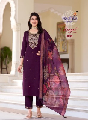 Rangat vol 4 by Radhika Lifestyle Organza embroidered top bottom and dupatta catalogue kurti pant with dupatta Catalogs