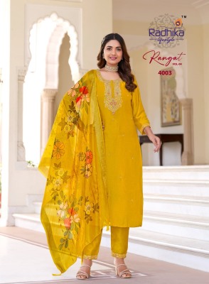 Rangat vol 4 by Radhika Lifestyle Organza embroidered top bottom and dupatta catalogue kurti pant with dupatta Catalogs