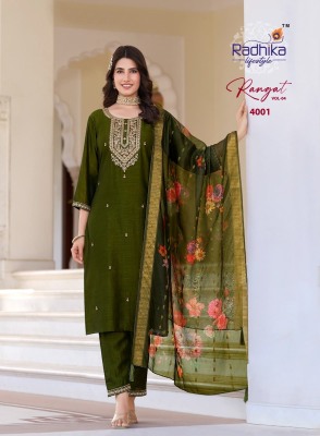 Rangat vol 4 by Radhika Lifestyle Organza embroidered top bottom and dupatta catalogue kurti pant with dupatta Catalogs