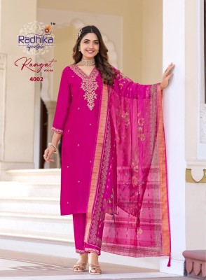 Rangat vol 4 by Radhika Lifestyle Organza embroidered top bottom and dupatta catalogue kurti pant with dupatta Catalogs
