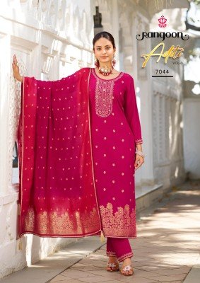 Rangoon Aditi Vol 03 Pure Viscose Jacquard Embroidered Top with Viscose Lace Pants And Silk Heavy Work Dupatta Wholesale kurtis catalogs