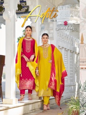 Rangoon Aditi Vol 03 Pure Viscose Jacquard Embroidered Top with Viscose Lace Pants And Silk Heavy Work Dupatta Wholesale kurtis catalogs