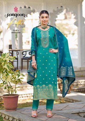 Rangoon Aditi Vol 03 Pure Viscose Jacquard Embroidered Top with Viscose Lace Pants And Silk Heavy Work Dupatta Wholesale kurtis catalogs
