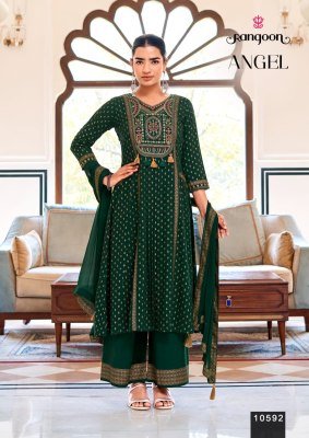 Rangoon Angel Rayon Embroidered Kurti Set with Mirror Work & Naznin Dupatta (M–3XL) readymade suit catalogs