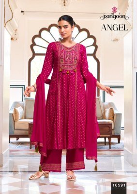 Rangoon Angel Rayon Embroidered Kurti Set with Mirror Work & Naznin Dupatta (M–3XL) readymade suit catalogs