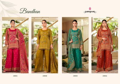 Rangoon Bandhan Pure Muslin Print Kurti Palazzo Dupatta Set with Fancy Aari Work Fancy Palazzo suit catalogue