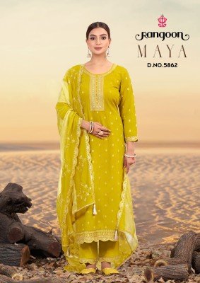 Rangoon MAYA Designer Viscose Jacquard Suit with Fancy Khatli And Mirror Work  Lace Pant And Soft Organza Heavy Dupatta Wholesale kurti pant with dupatta Catalogs