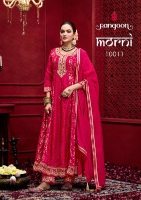 Rangoon Morni Anarkali Set Pure Russian Jacquard Top with Khatli Mirror Work Embroidered Viscose Bottom And Chanderi Silk Swarovski Dupatta Wholesale kurti pant with dupatta Catalogs