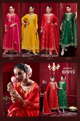 Rangoon Morni Anarkali Set Pure Russian Jacquard Top with Khatli Mirror Work Embroidered Viscose Bottom And Chanderi Silk Swarovski Dupatta Wholesale kurti pant with dupatta Catalogs