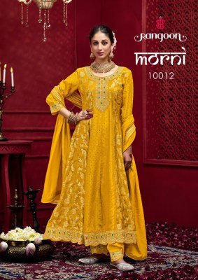 Rangoon Morni Anarkali Set Pure Russian Jacquard Top with Khatli Mirror Work Embroidered Viscose Bottom And Chanderi Silk Swarovski Dupatta Wholesale kurti pant with dupatta Catalogs