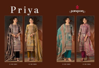 Rangoon Priya Pure Muslin Digital Print Aari Work Kurti Pant with Dupatta readymade suit catalogs