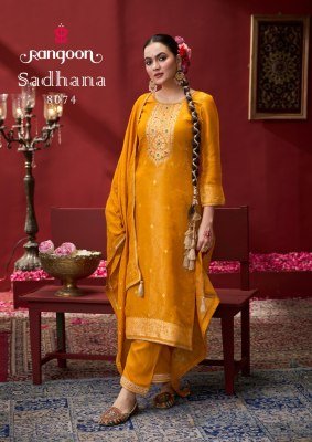 Rangoon Sadhana Designer Simmer Jacquard Suit Hand Embroidered with Viscose Pant And Lace Dupatta Wholesale kurtis catalogs
